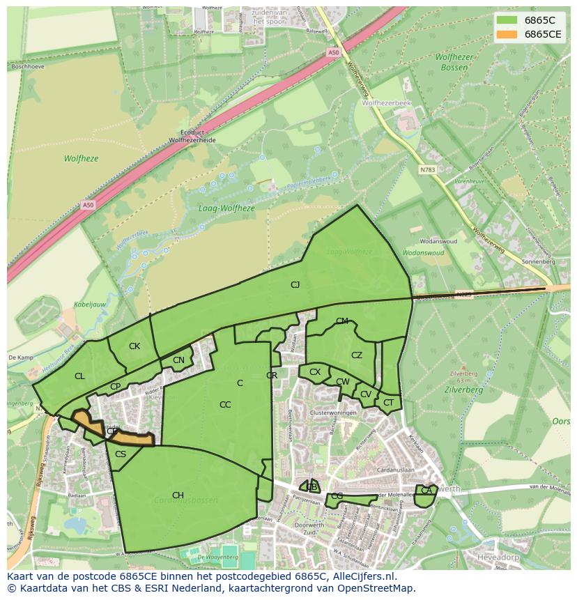 Afbeelding van het postcodegebied 6865 CE op de kaart.