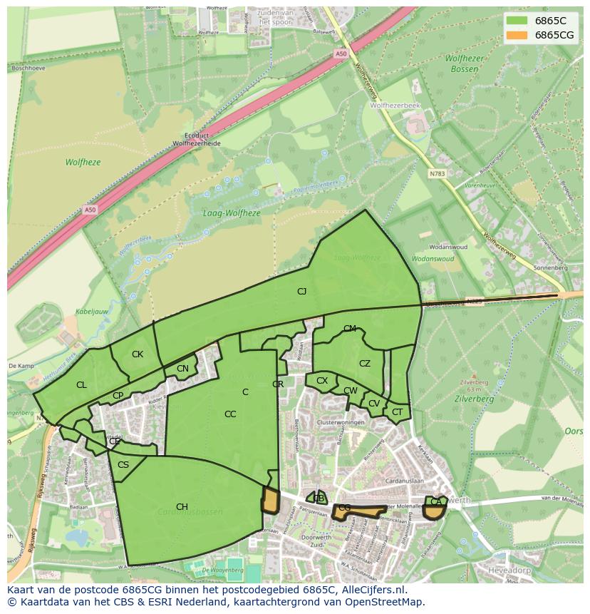 Afbeelding van het postcodegebied 6865 CG op de kaart.