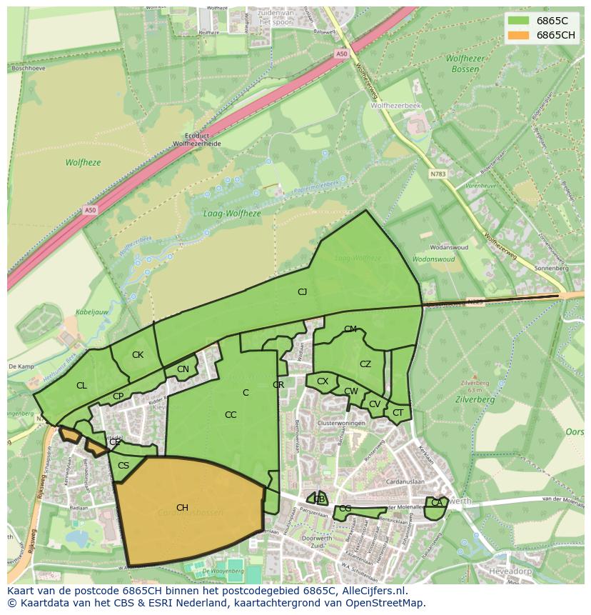 Afbeelding van het postcodegebied 6865 CH op de kaart.