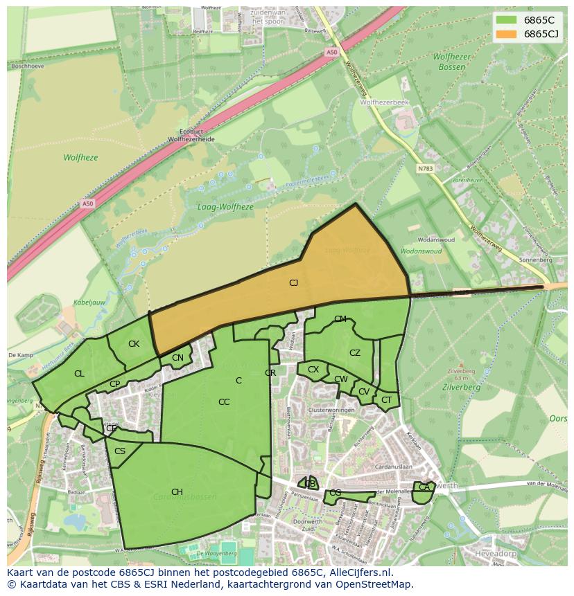 Afbeelding van het postcodegebied 6865 CJ op de kaart.