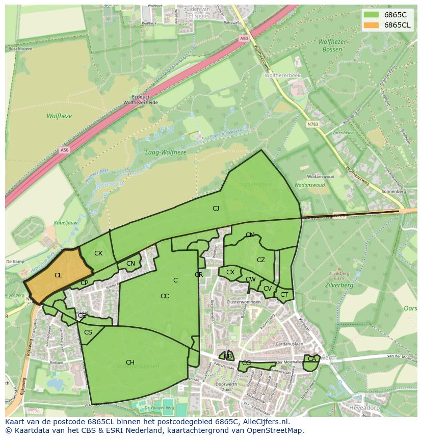 Afbeelding van het postcodegebied 6865 CL op de kaart.