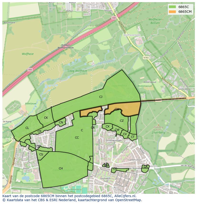 Afbeelding van het postcodegebied 6865 CM op de kaart.