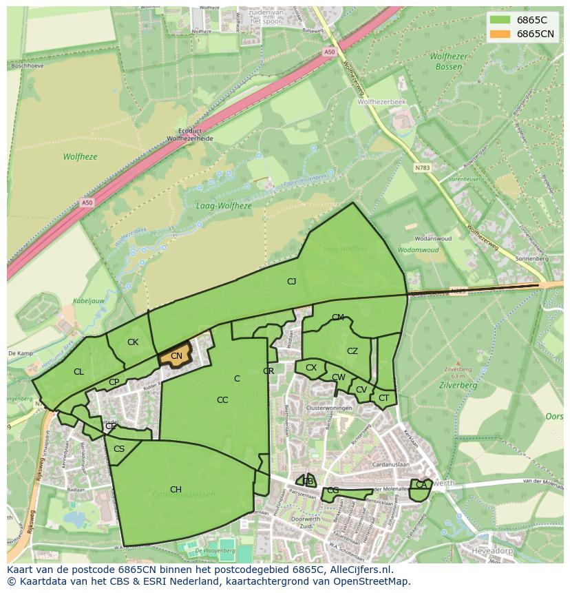 Afbeelding van het postcodegebied 6865 CN op de kaart.