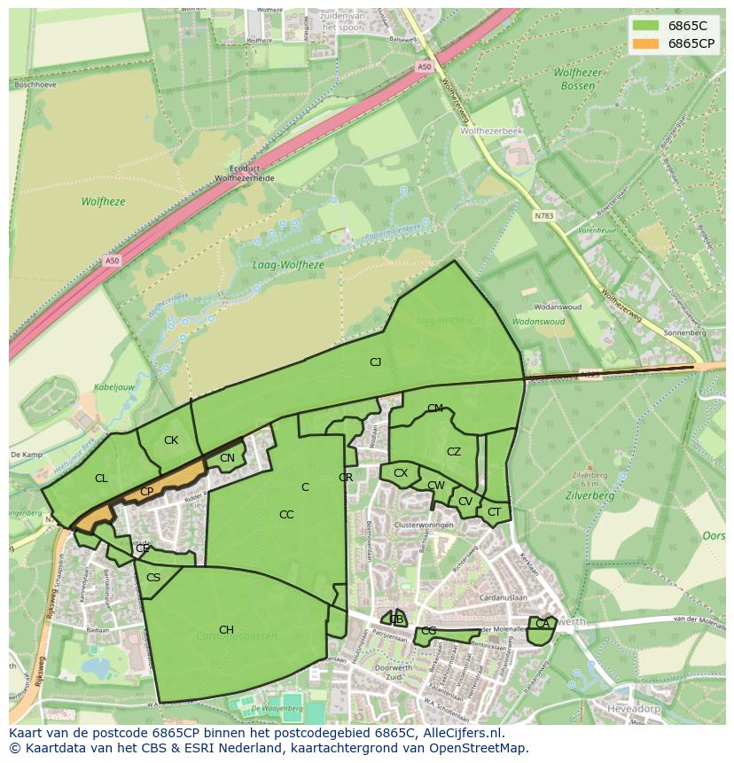 Afbeelding van het postcodegebied 6865 CP op de kaart.