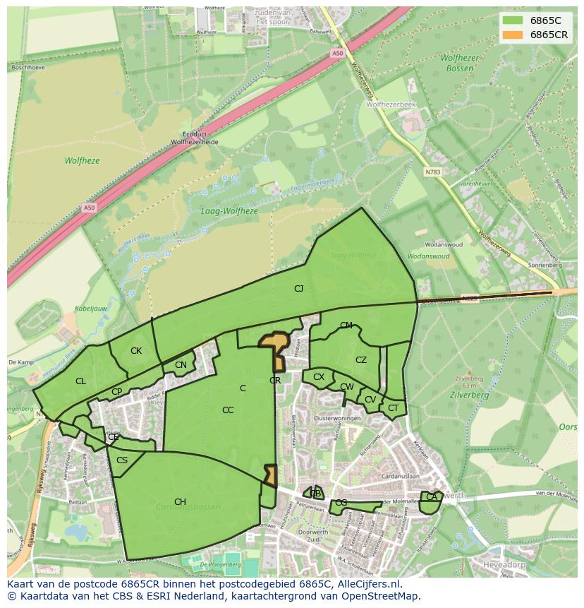 Afbeelding van het postcodegebied 6865 CR op de kaart.