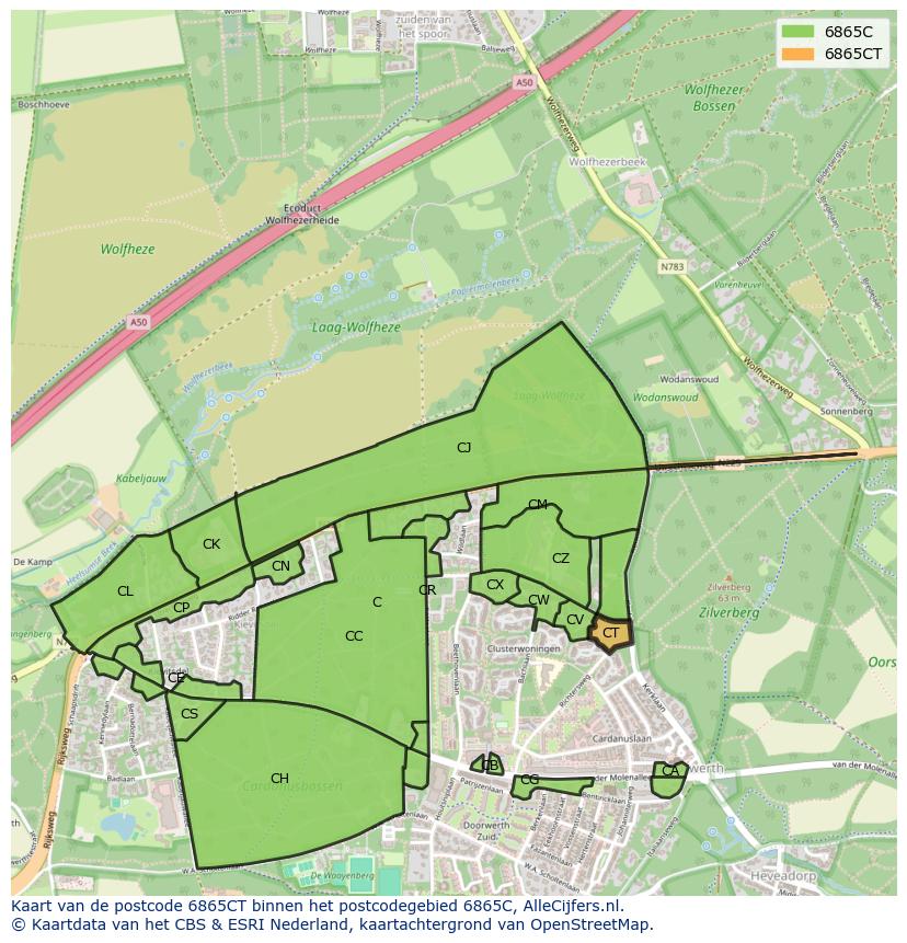 Afbeelding van het postcodegebied 6865 CT op de kaart.