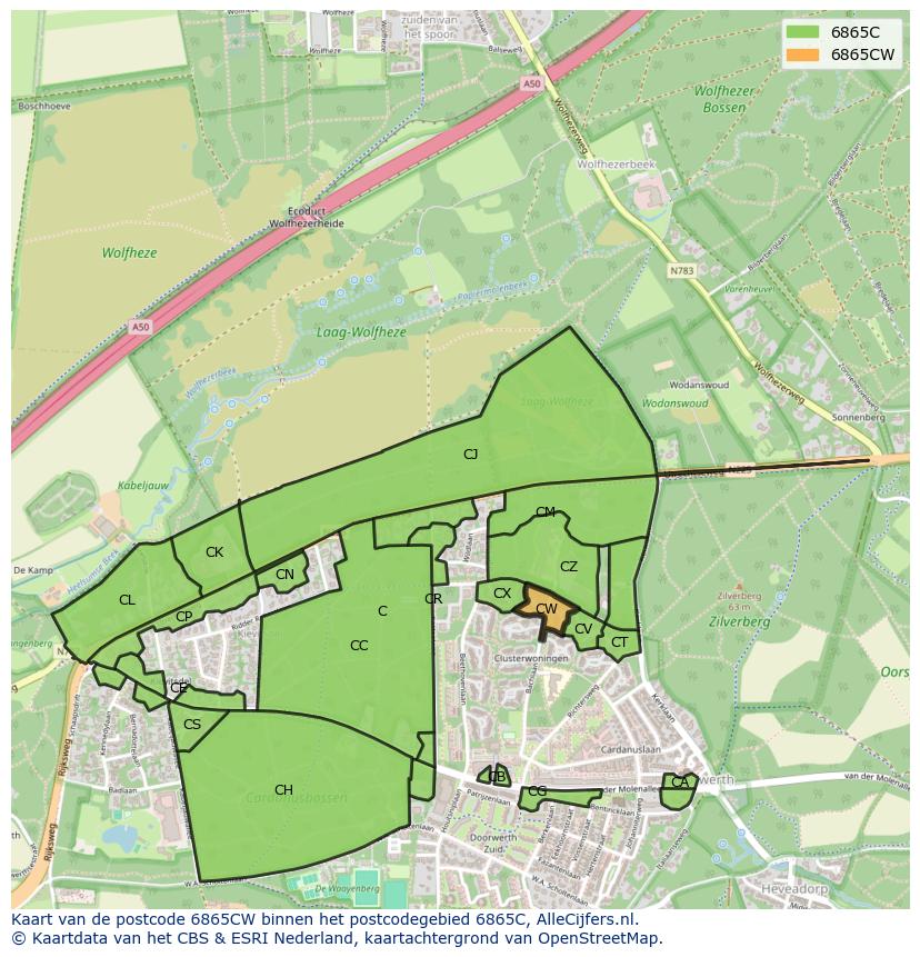 Afbeelding van het postcodegebied 6865 CW op de kaart.