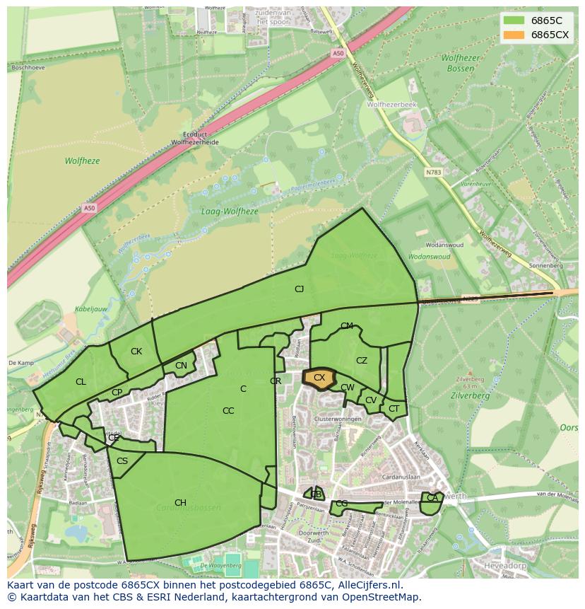 Afbeelding van het postcodegebied 6865 CX op de kaart.