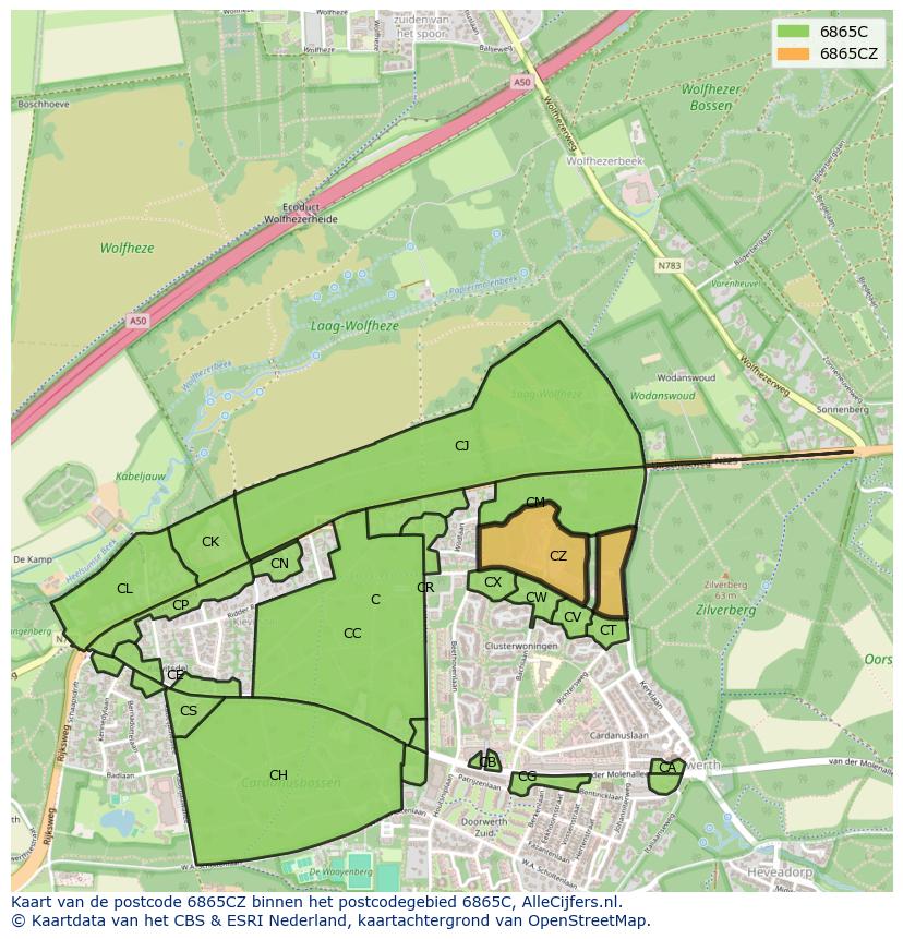 Afbeelding van het postcodegebied 6865 CZ op de kaart.