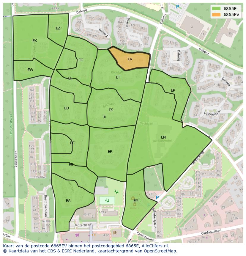 Afbeelding van het postcodegebied 6865 EV op de kaart.