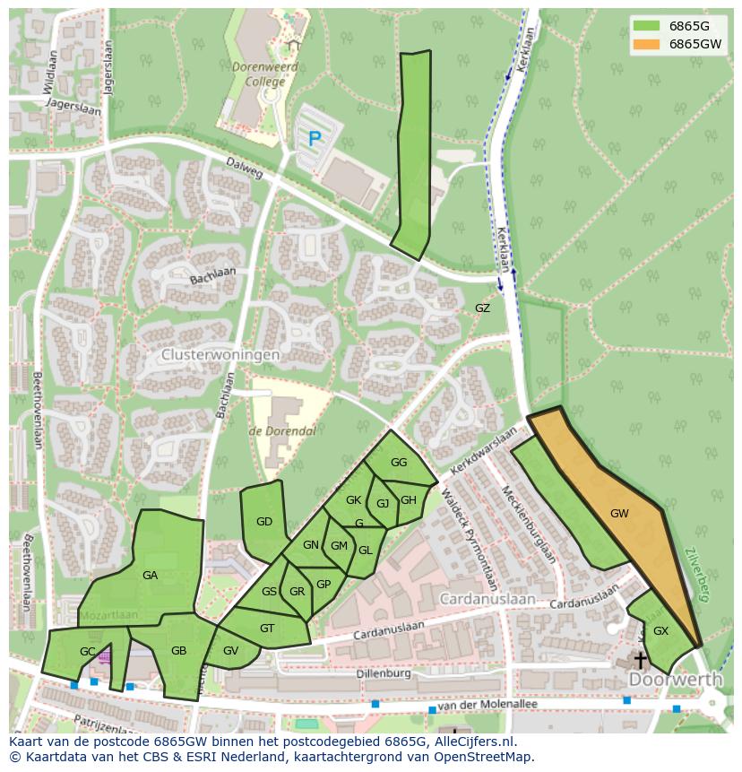 Afbeelding van het postcodegebied 6865 GW op de kaart.