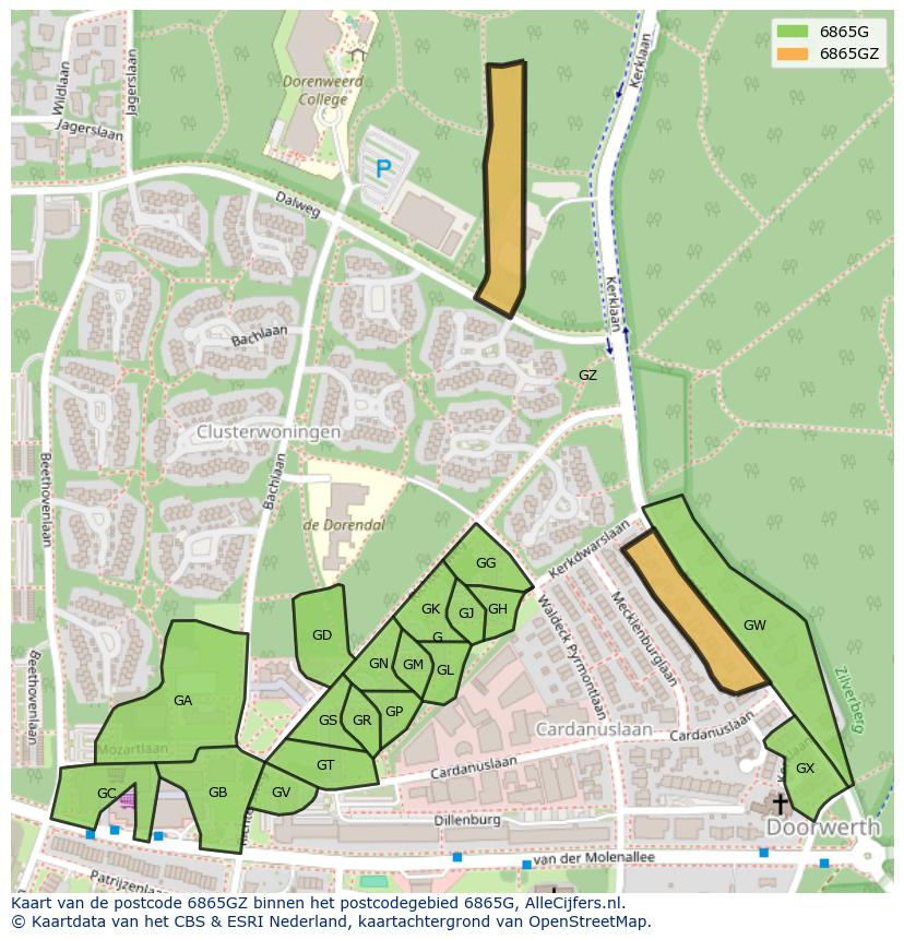 Afbeelding van het postcodegebied 6865 GZ op de kaart.