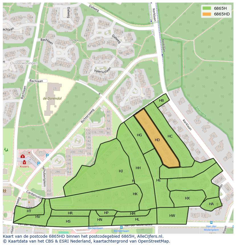 Afbeelding van het postcodegebied 6865 HD op de kaart.