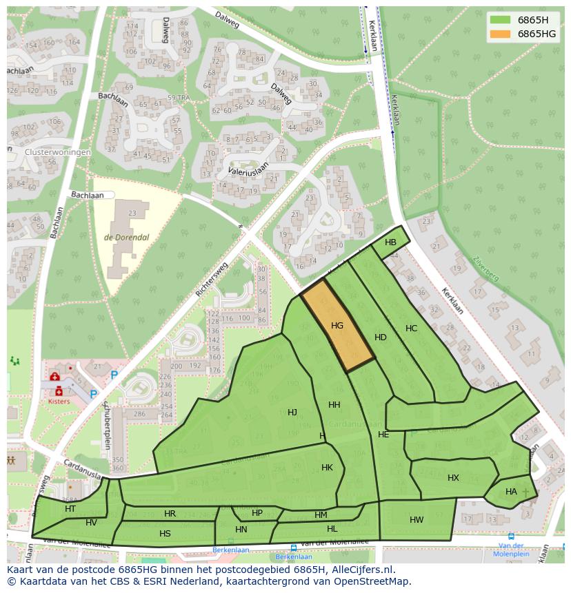 Afbeelding van het postcodegebied 6865 HG op de kaart.