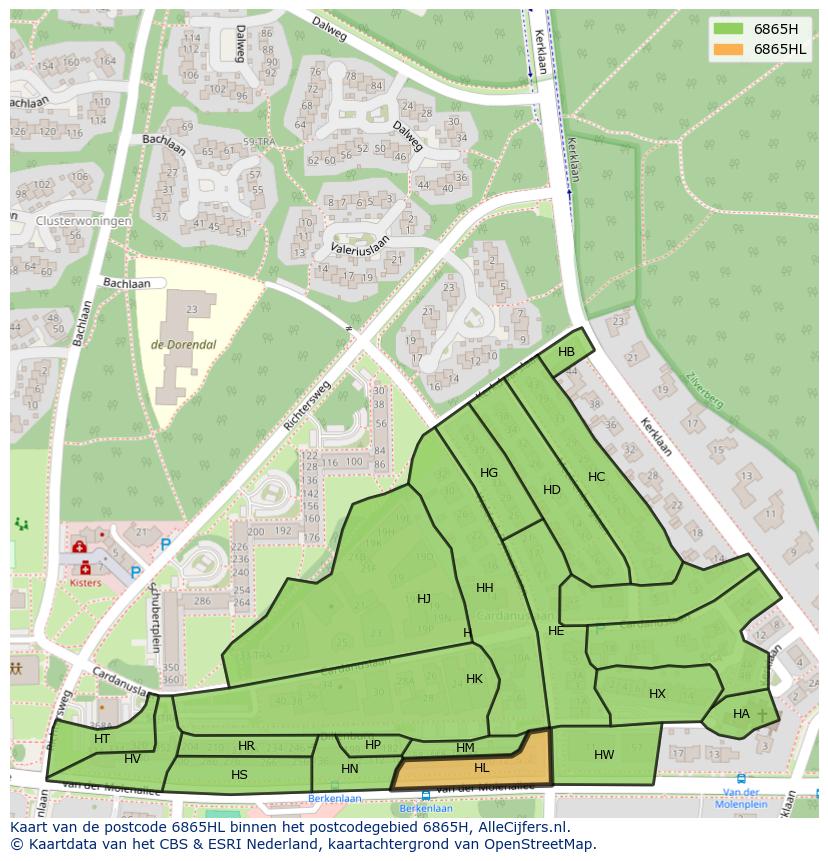 Afbeelding van het postcodegebied 6865 HL op de kaart.