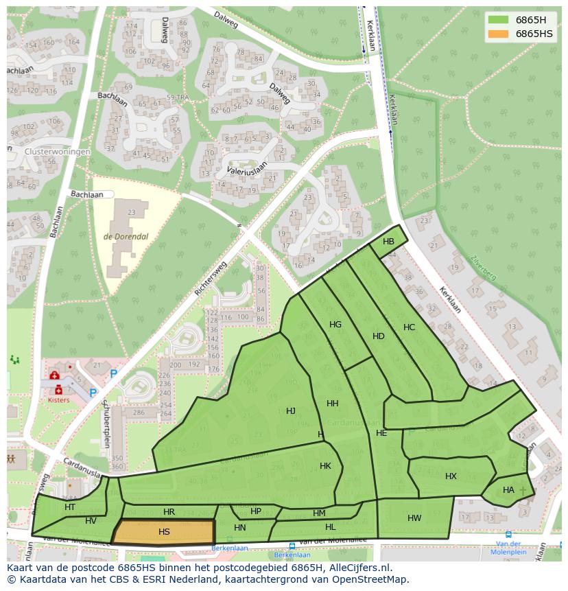 Afbeelding van het postcodegebied 6865 HS op de kaart.