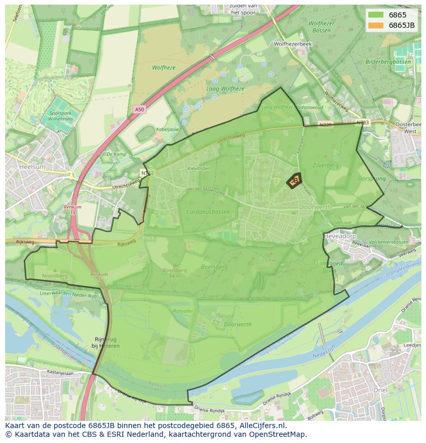 Afbeelding van het postcodegebied 6865 JB op de kaart.