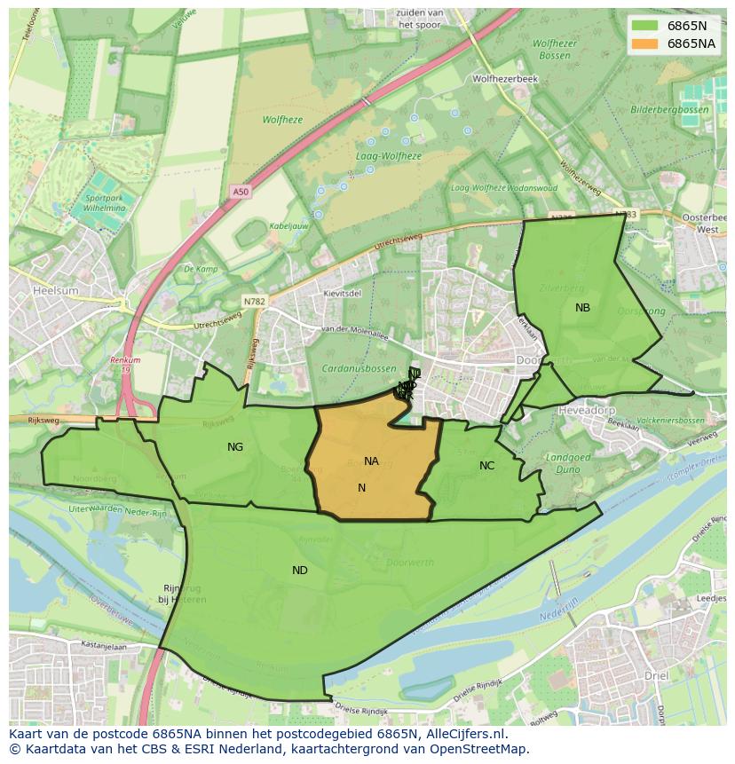 Afbeelding van het postcodegebied 6865 NA op de kaart.