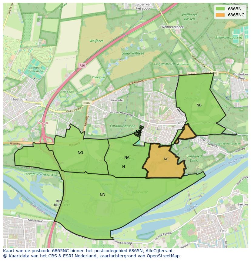 Afbeelding van het postcodegebied 6865 NC op de kaart.