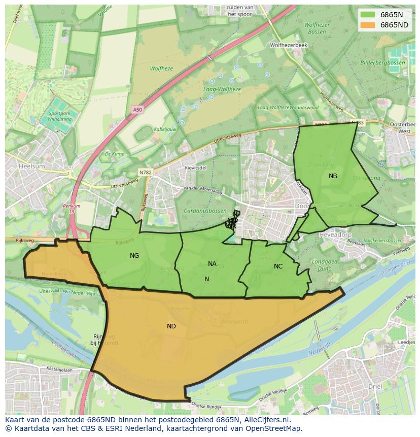 Afbeelding van het postcodegebied 6865 ND op de kaart.
