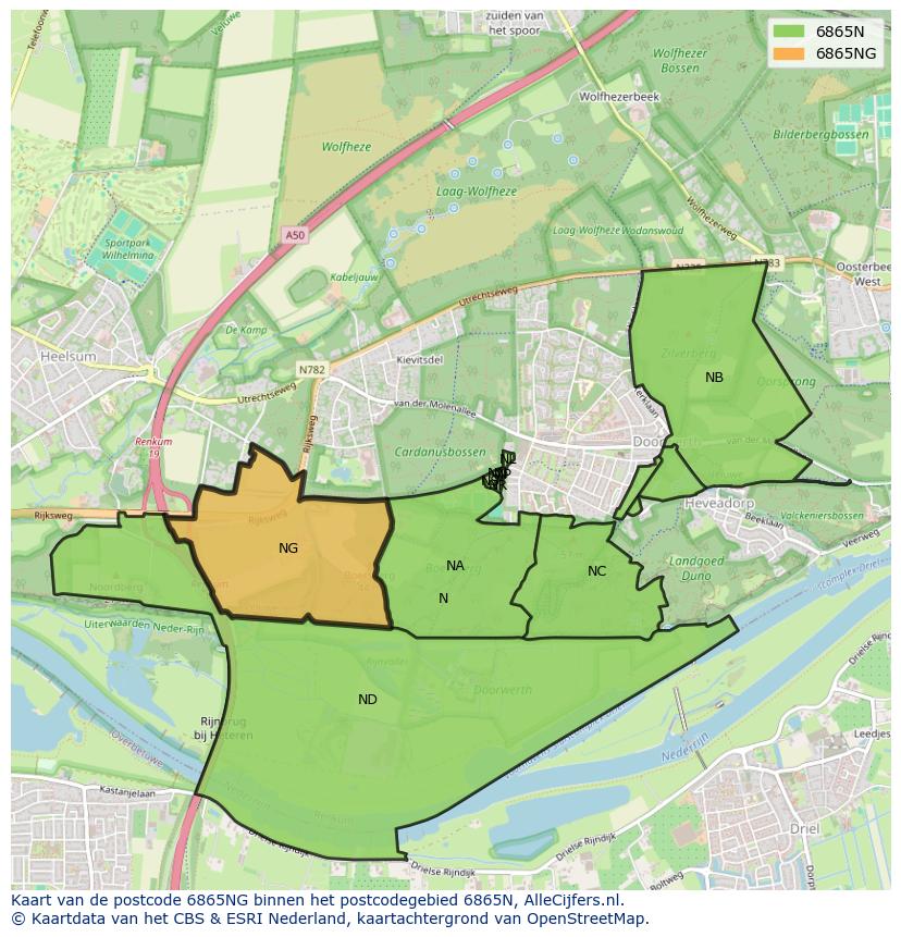 Afbeelding van het postcodegebied 6865 NG op de kaart.