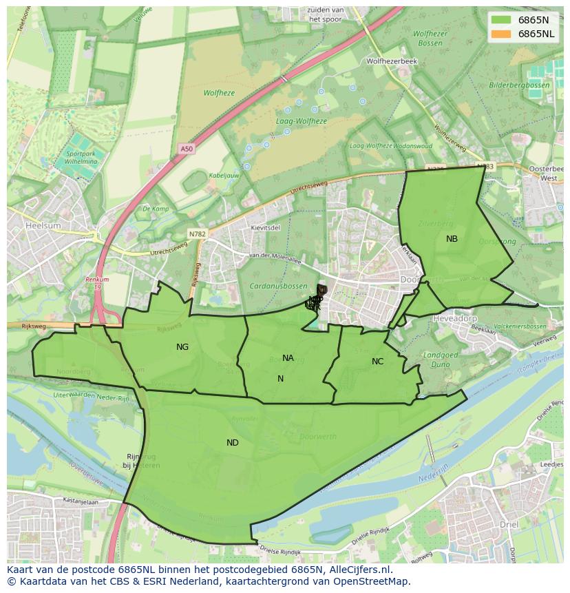 Afbeelding van het postcodegebied 6865 NL op de kaart.