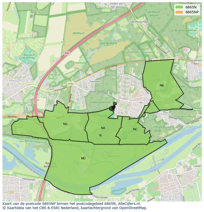 Afbeelding van het postcodegebied 6865 NP op de kaart.