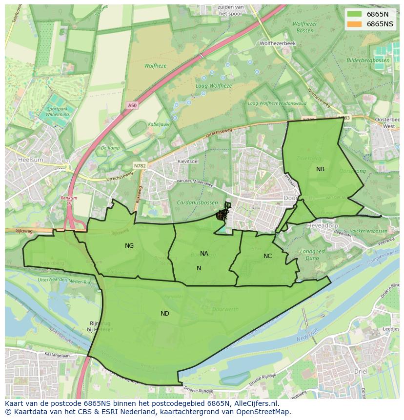 Afbeelding van het postcodegebied 6865 NS op de kaart.