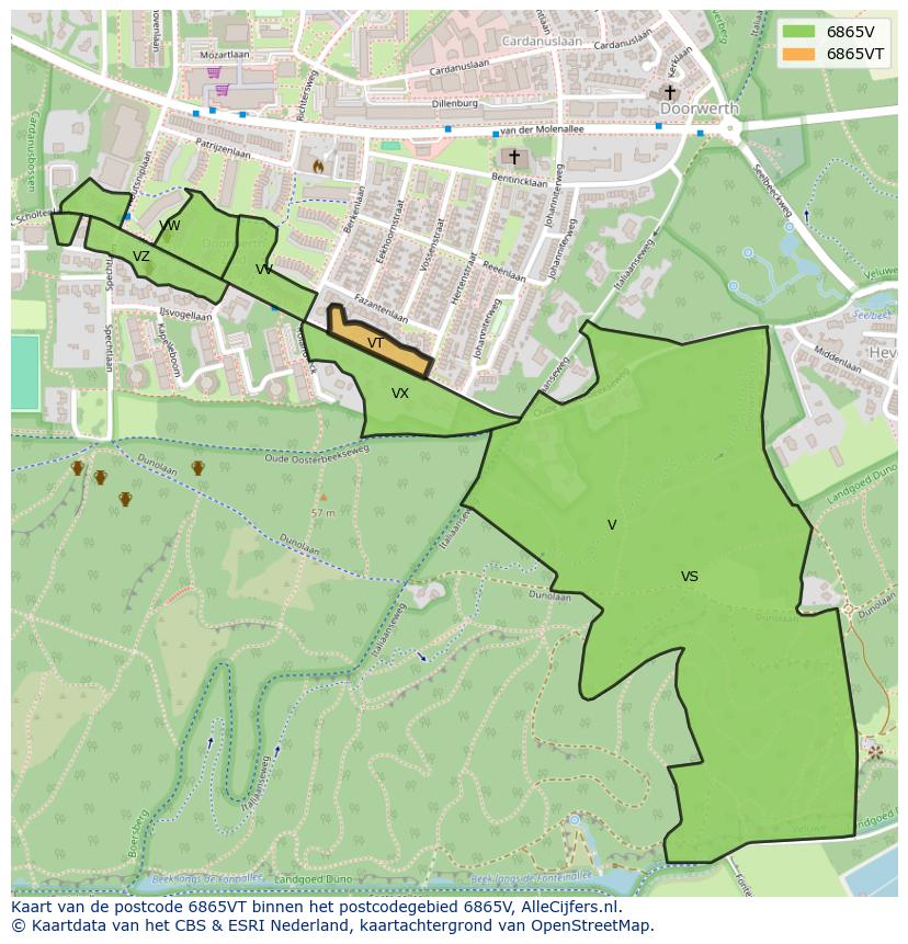 Afbeelding van het postcodegebied 6865 VT op de kaart.