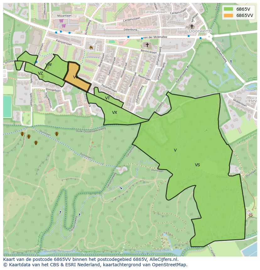 Afbeelding van het postcodegebied 6865 VV op de kaart.