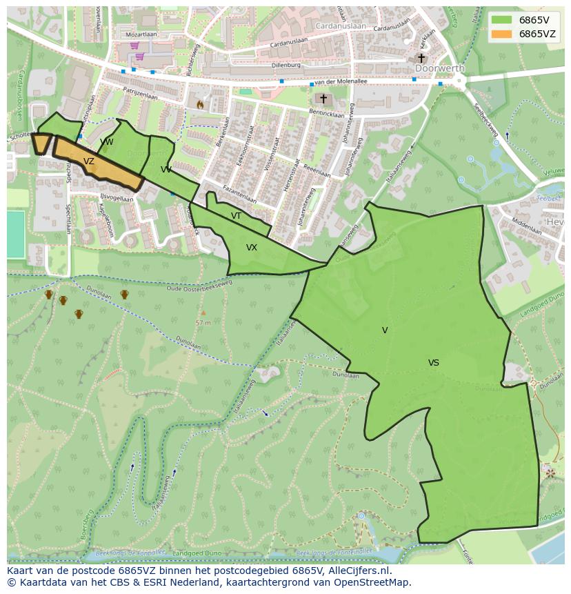 Afbeelding van het postcodegebied 6865 VZ op de kaart.