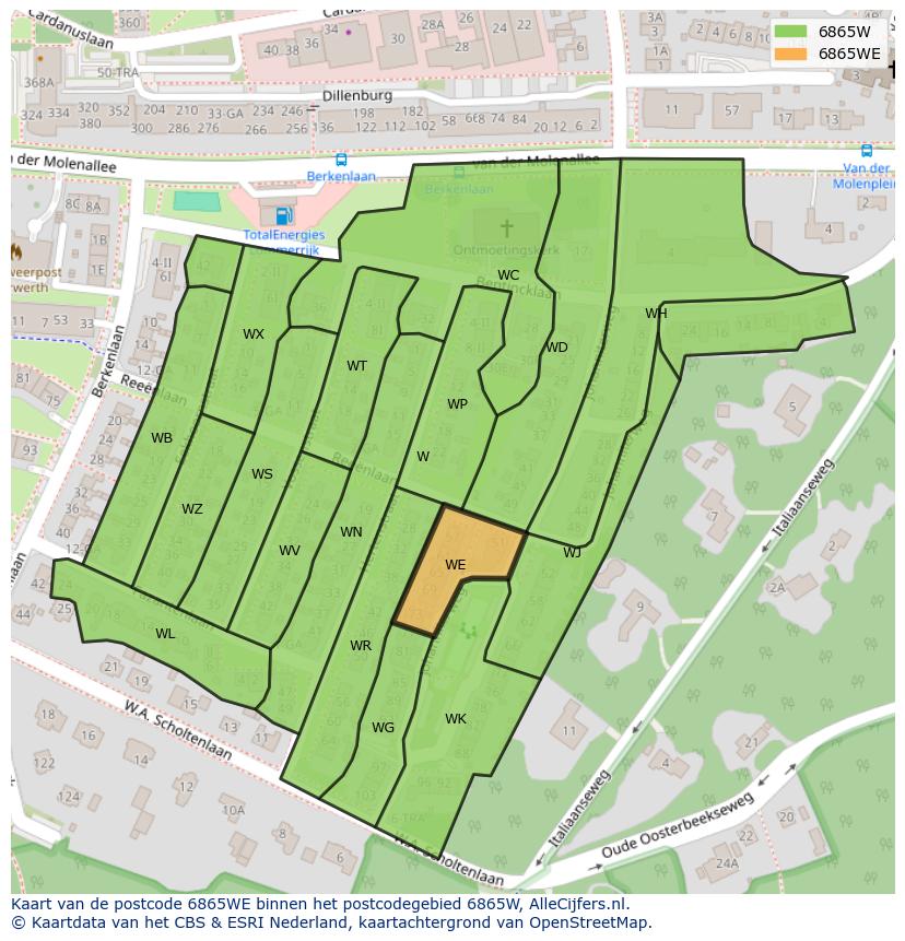 Afbeelding van het postcodegebied 6865 WE op de kaart.