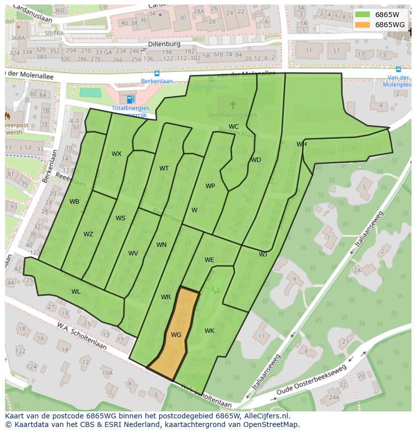 Afbeelding van het postcodegebied 6865 WG op de kaart.