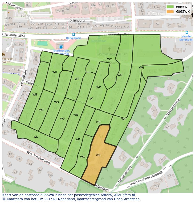 Afbeelding van het postcodegebied 6865 WK op de kaart.