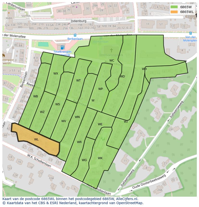 Afbeelding van het postcodegebied 6865 WL op de kaart.