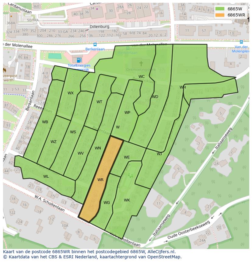Afbeelding van het postcodegebied 6865 WR op de kaart.
