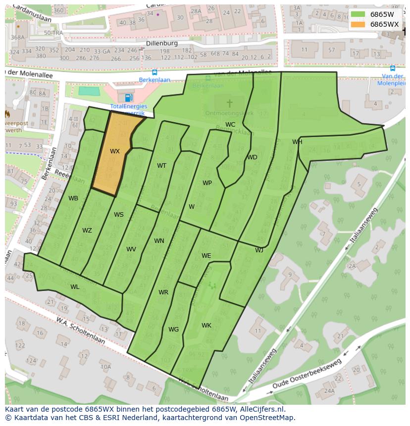 Afbeelding van het postcodegebied 6865 WX op de kaart.