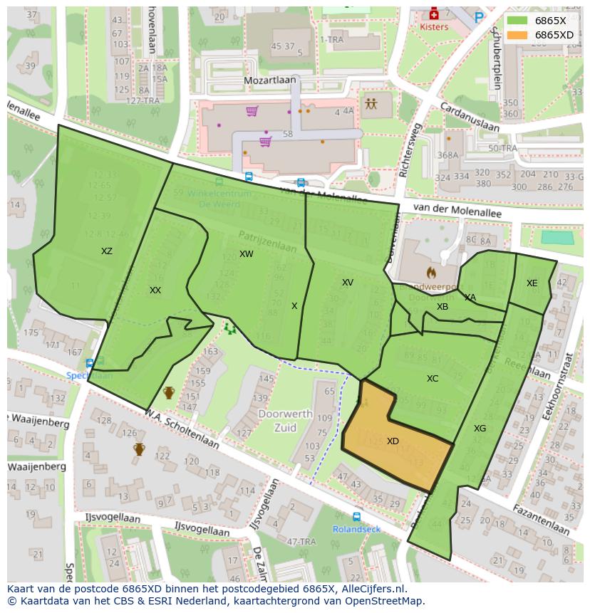 Afbeelding van het postcodegebied 6865 XD op de kaart.