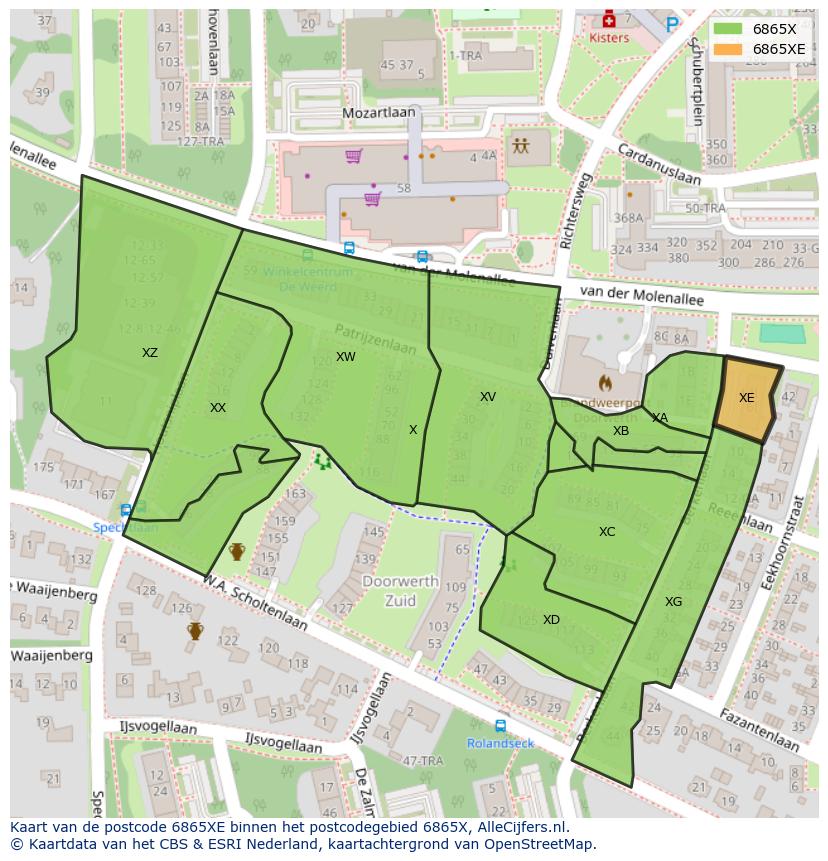 Afbeelding van het postcodegebied 6865 XE op de kaart.