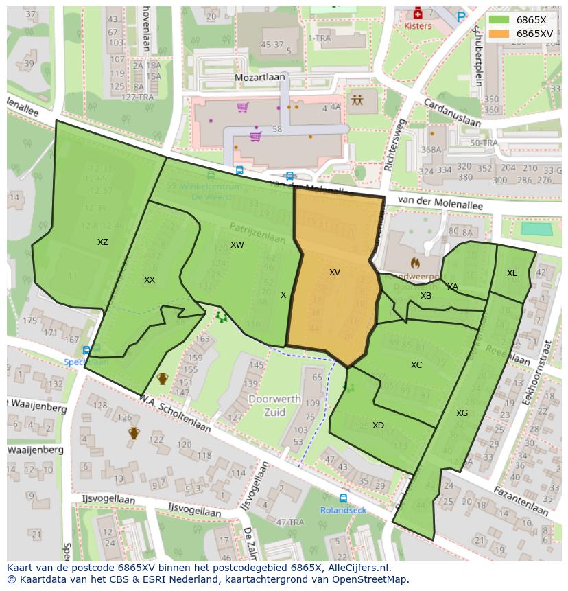 Afbeelding van het postcodegebied 6865 XV op de kaart.