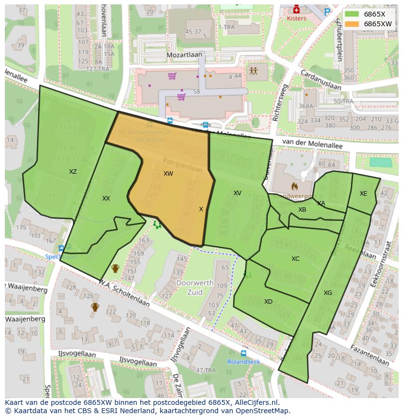 Afbeelding van het postcodegebied 6865 XW op de kaart.