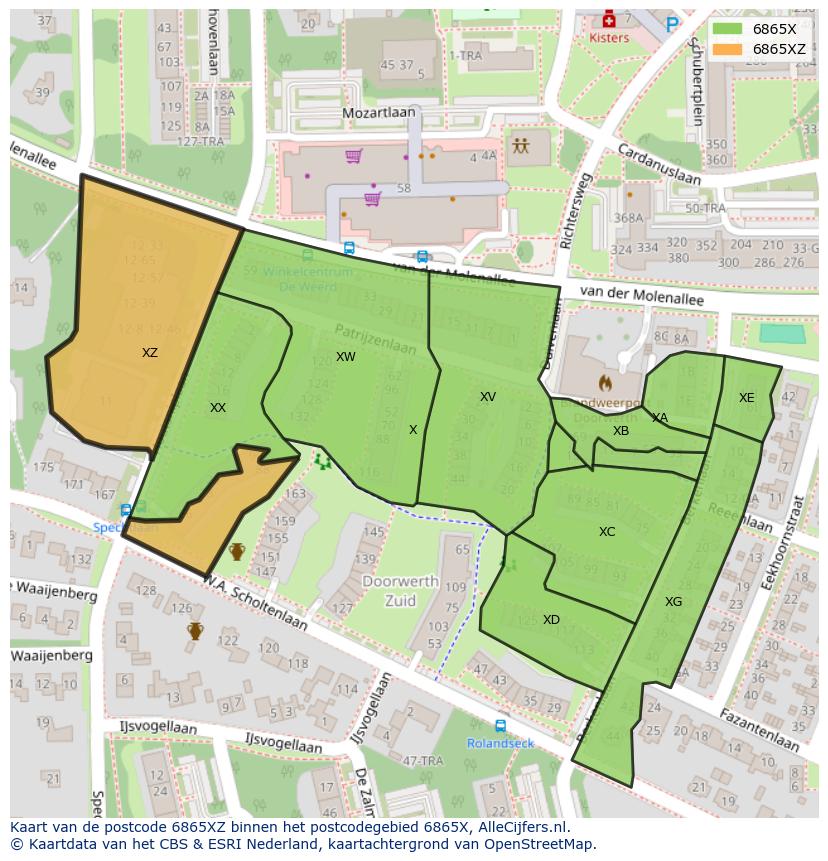 Afbeelding van het postcodegebied 6865 XZ op de kaart.