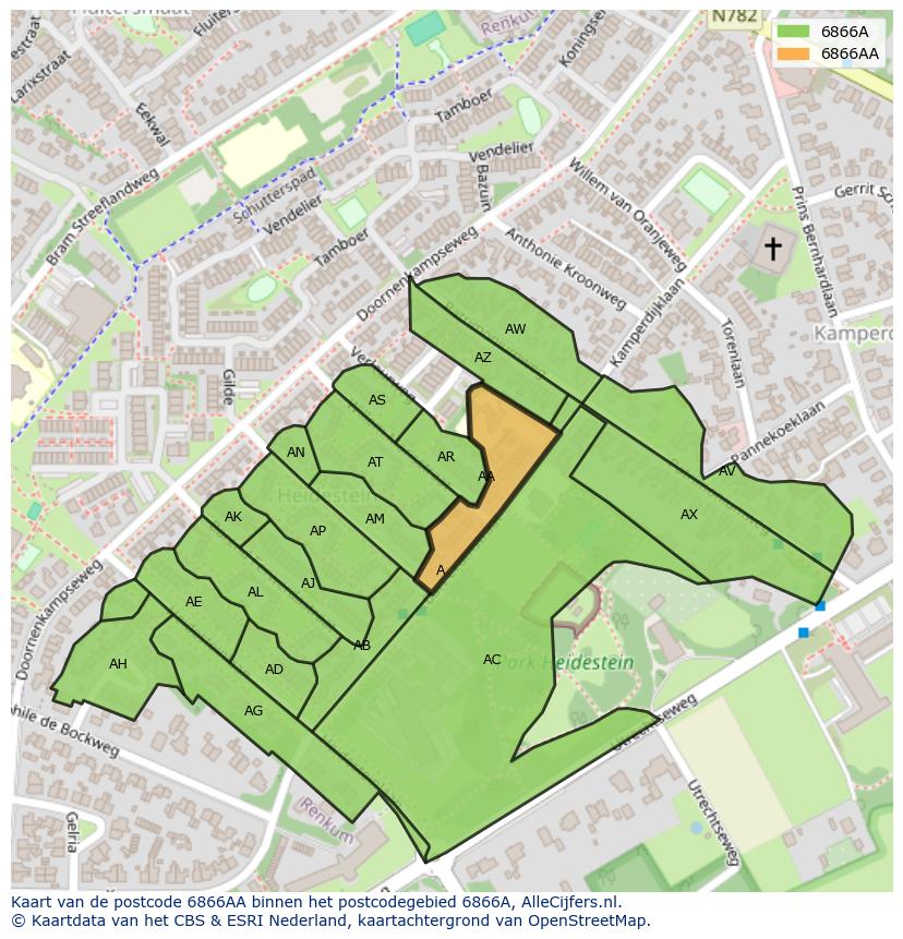 Afbeelding van het postcodegebied 6866 AA op de kaart.