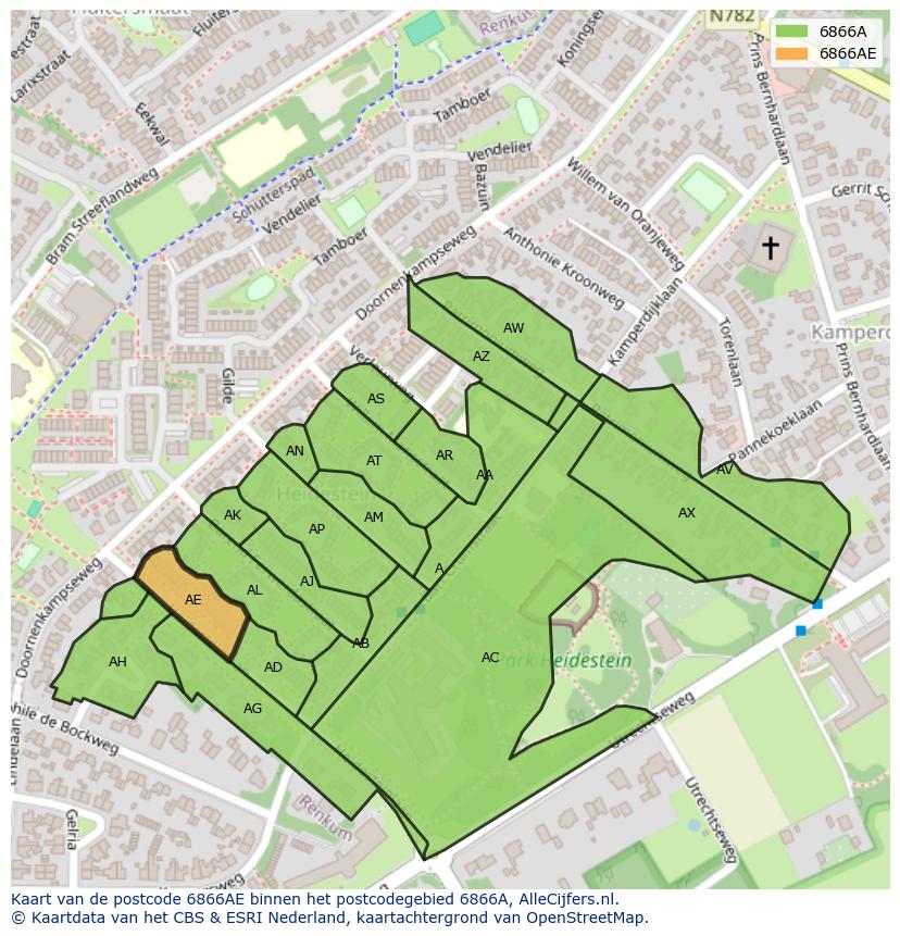 Afbeelding van het postcodegebied 6866 AE op de kaart.