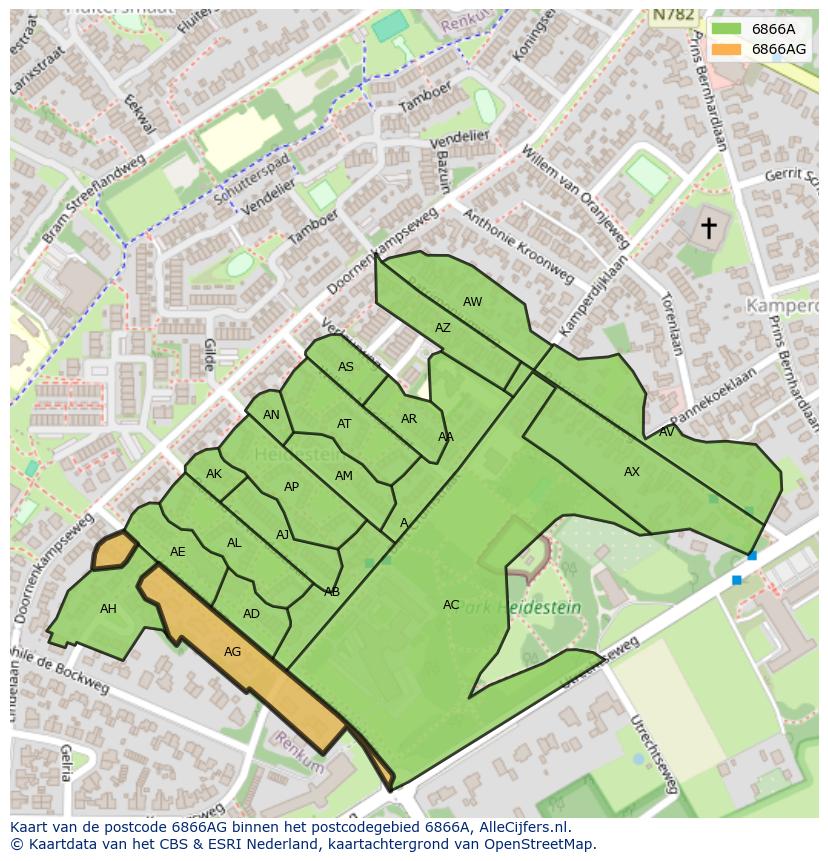 Afbeelding van het postcodegebied 6866 AG op de kaart.