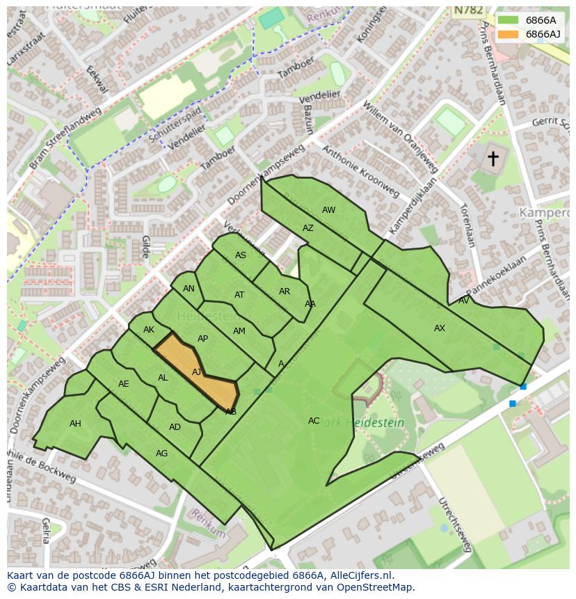 Afbeelding van het postcodegebied 6866 AJ op de kaart.