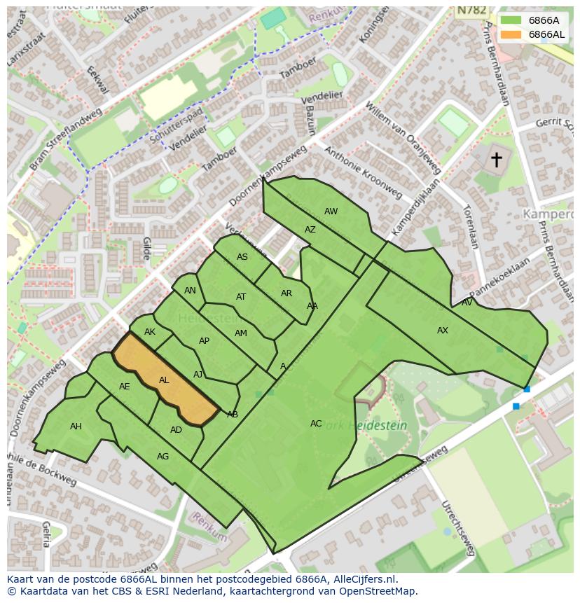 Afbeelding van het postcodegebied 6866 AL op de kaart.