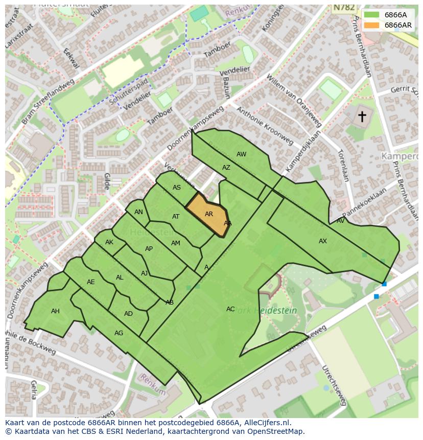 Afbeelding van het postcodegebied 6866 AR op de kaart.