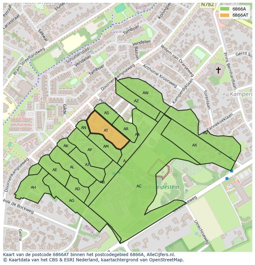 Afbeelding van het postcodegebied 6866 AT op de kaart.