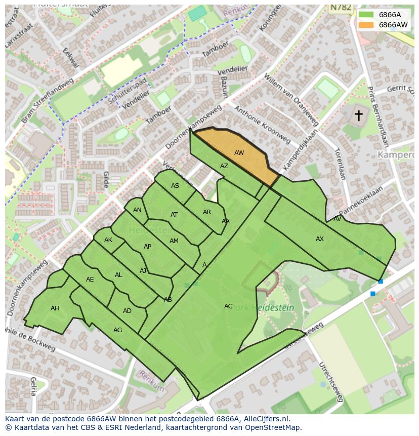 Afbeelding van het postcodegebied 6866 AW op de kaart.